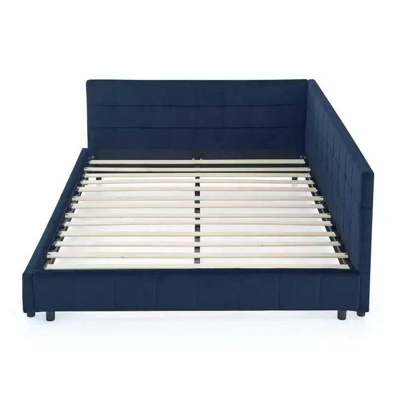 Cadre de lit capitonné Queen Size avec dossier et accoudoirs en velours pour chambre à coucher, bleu