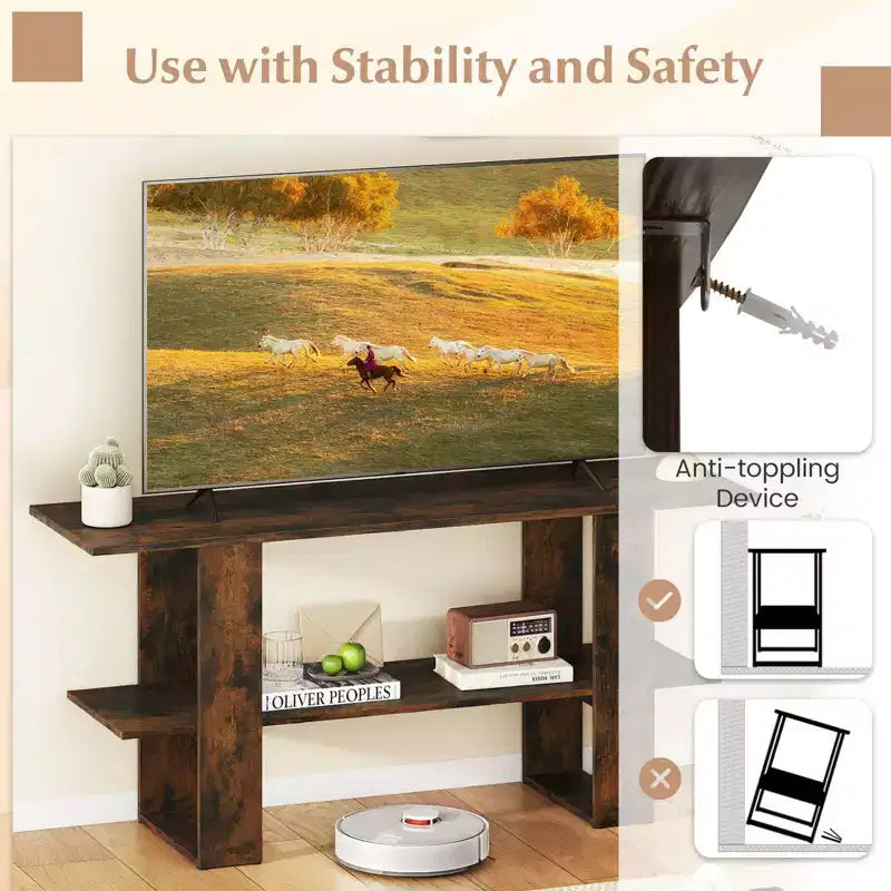Meuble TV pour téléviseur jusqu'à 55 pouces Meuble de divertissement avec étagère de rangement pour chambre à coucher, marron rustique/blanc
