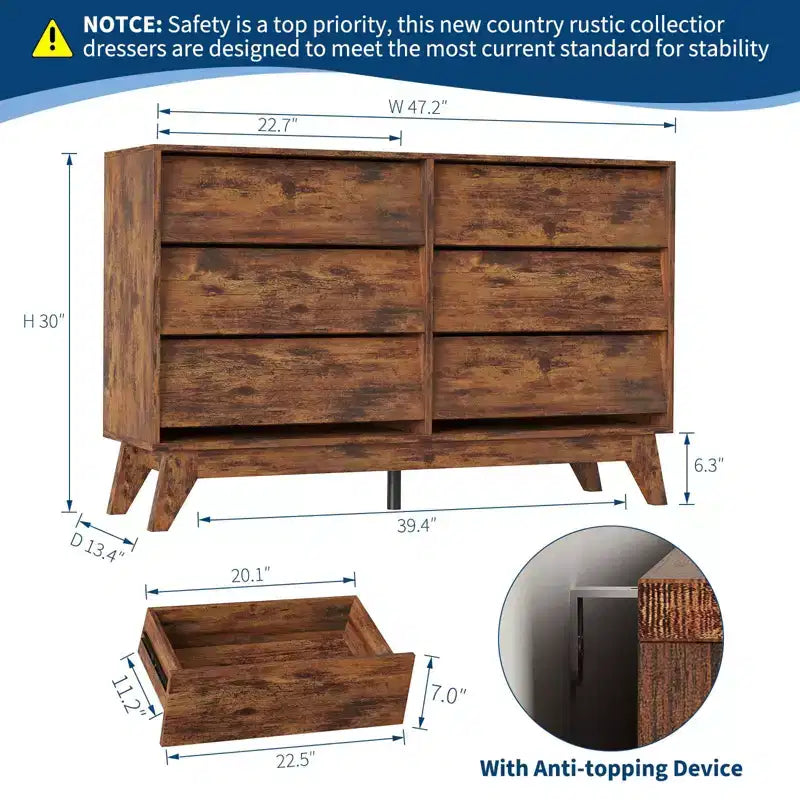 Commode à 6 tiroirs de 47 po de large, meuble de rangement horizontal autoportant pour le salon, la chambre et l'entrée