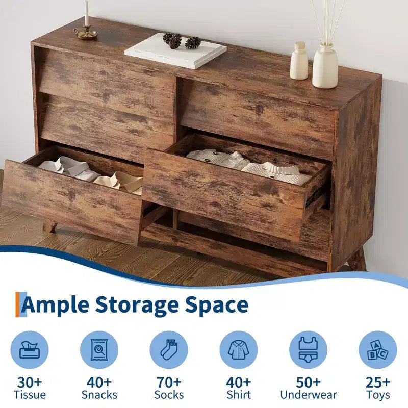 Commode à 6 tiroirs de 47 po de large, meuble de rangement horizontal autoportant pour le salon, la chambre et l'entrée