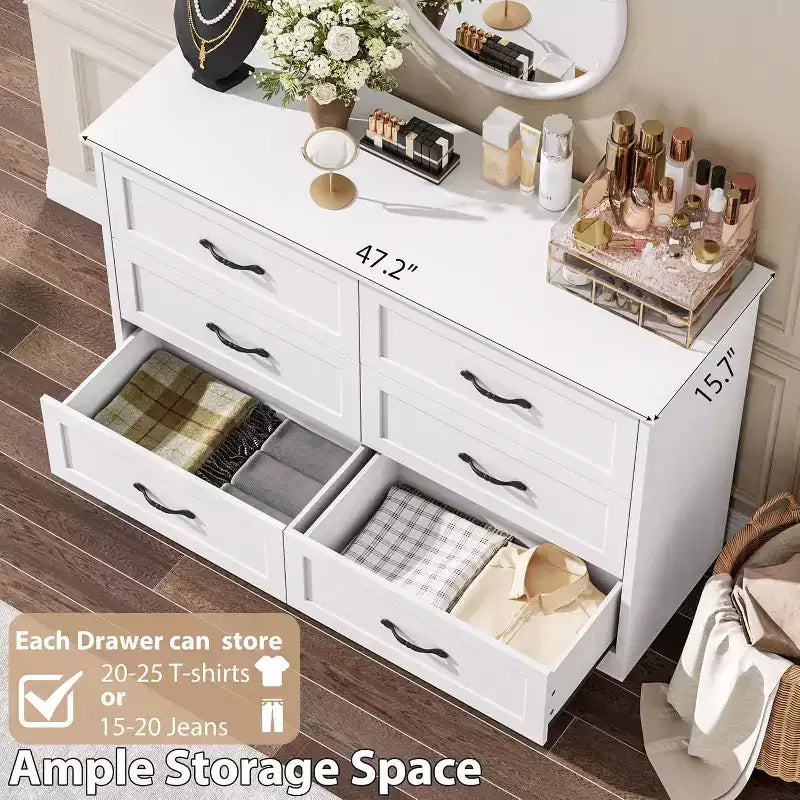 Commode 6 tiroirs pour chambre à coucher, armoire de rangement en bois de 47 po avec poignées en métal, commode moderne pour salon, couloir, placard