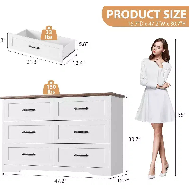 Commode 6 tiroirs pour chambre à coucher, armoire de rangement en bois de 47 po avec poignées en métal, commode moderne pour salon, couloir, placard