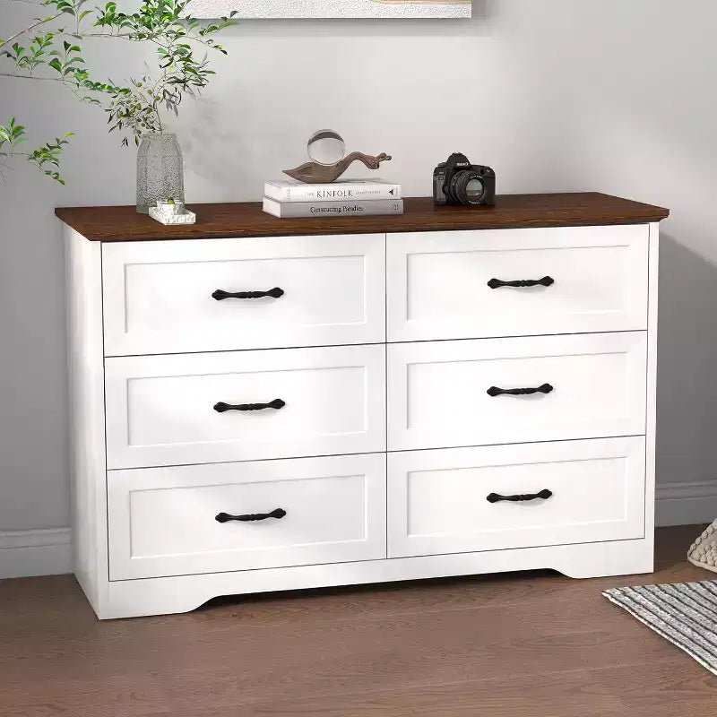 Commode 6 tiroirs pour chambre à coucher, armoire de rangement en bois de 47 po avec poignées en métal, commode moderne pour salon, couloir, placard