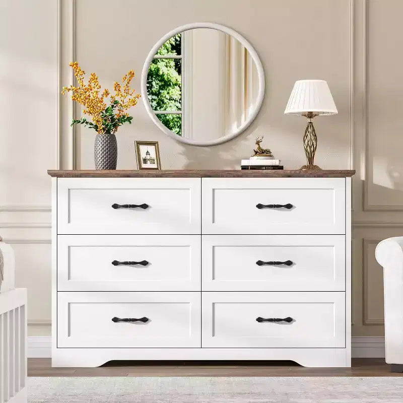 Commode 6 tiroirs pour chambre à coucher, armoire de rangement en bois de 47 po avec poignées en métal, commode moderne pour salon, couloir, placard