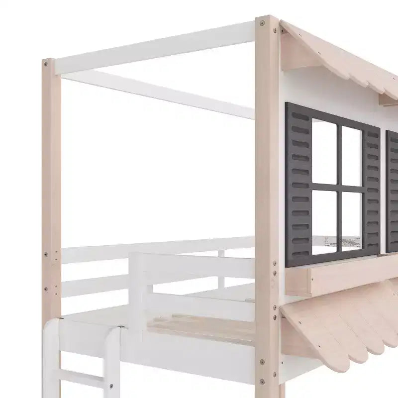 Lit superposé cabane jumeau sur jumeau pour enfants, lit superposé Montessori bas en bois, échelle facile d'accès à la couchette supérieure