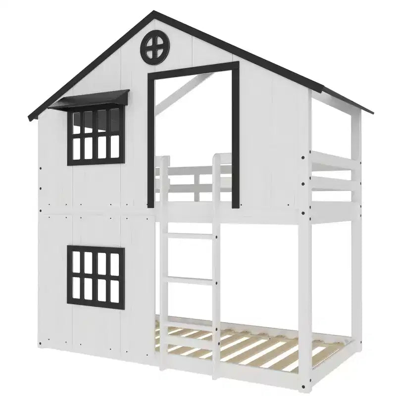 Lit superposé cabane jumeau sur jumeau pour enfants, lit superposé Montessori bas en bois, échelle facile d'accès à la couchette supérieure