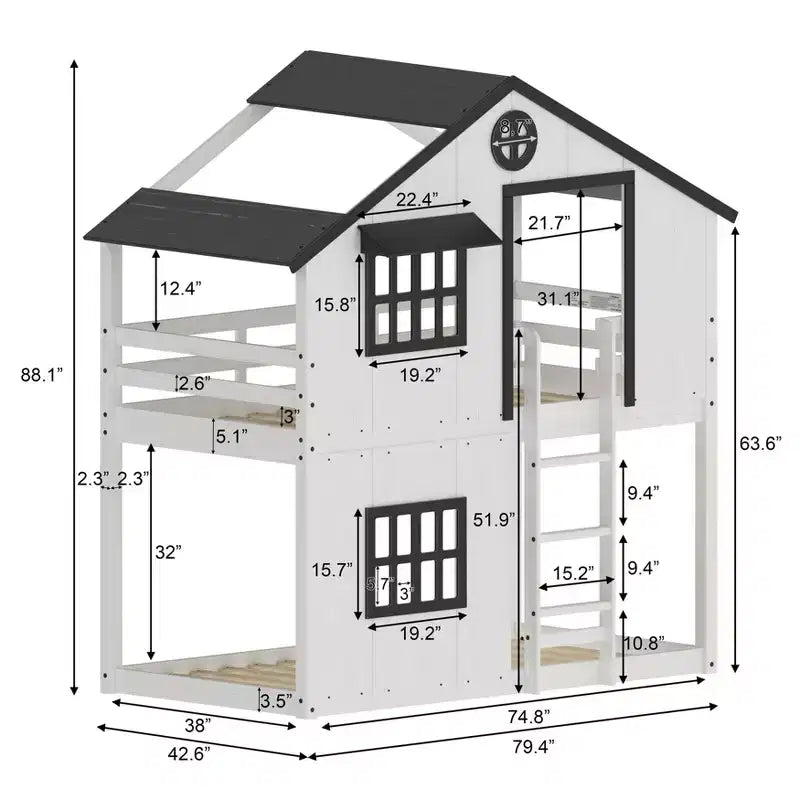 Lit superposé cabane jumeau sur jumeau pour enfants, lit superposé Montessori bas en bois, échelle facile d'accès à la couchette supérieure