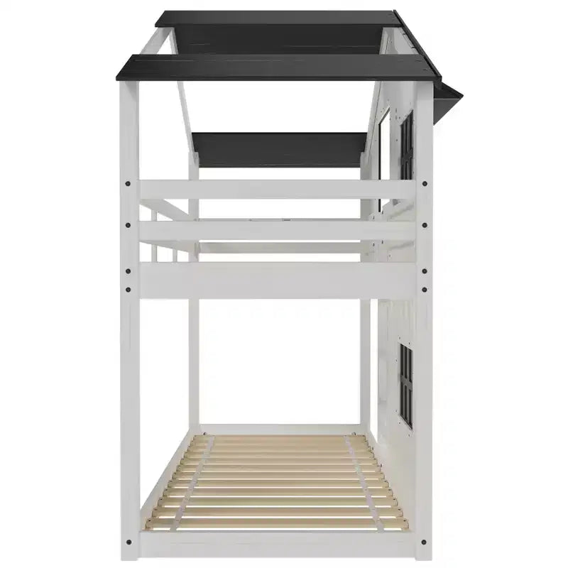 Lit superposé cabane jumeau sur jumeau pour enfants, lit superposé Montessori bas en bois, échelle facile d'accès à la couchette supérieure