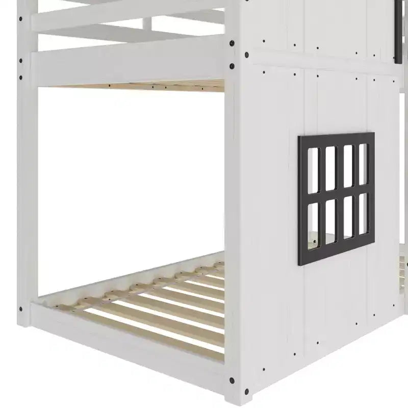 Lit superposé cabane jumeau sur jumeau pour enfants, lit superposé Montessori bas en bois, échelle facile d'accès à la couchette supérieure