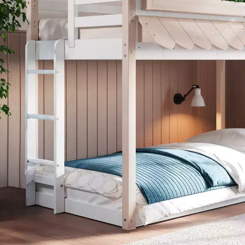 Lit superposé cabane jumeau sur jumeau pour enfants, lit superposé Montessori bas en bois, échelle facile d'accès à la couchette supérieure