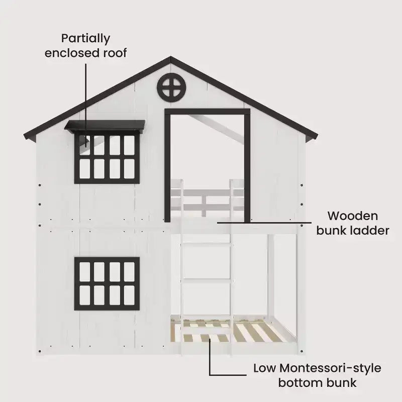 Lit superposé cabane jumeau sur jumeau pour enfants, lit superposé Montessori bas en bois, échelle facile d'accès à la couchette supérieure