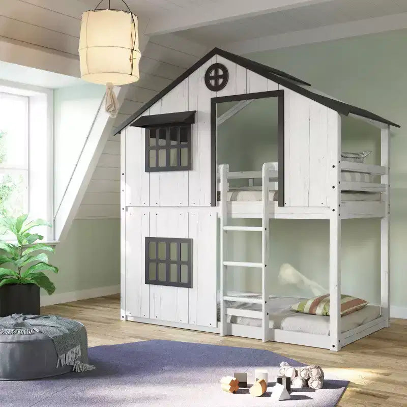 Lit superposé cabane jumeau sur jumeau pour enfants, lit superposé Montessori bas en bois, échelle facile d'accès à la couchette supérieure