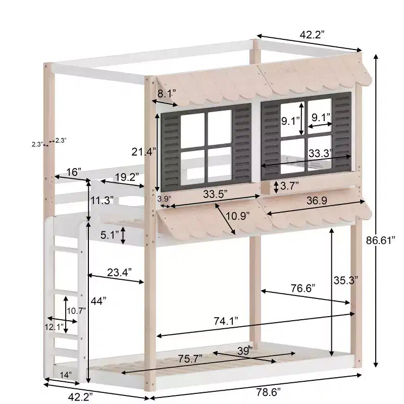 Lit superposé cabane jumeau sur jumeau pour enfants, lit superposé Montessori bas en bois, échelle facile d'accès à la couchette supérieure