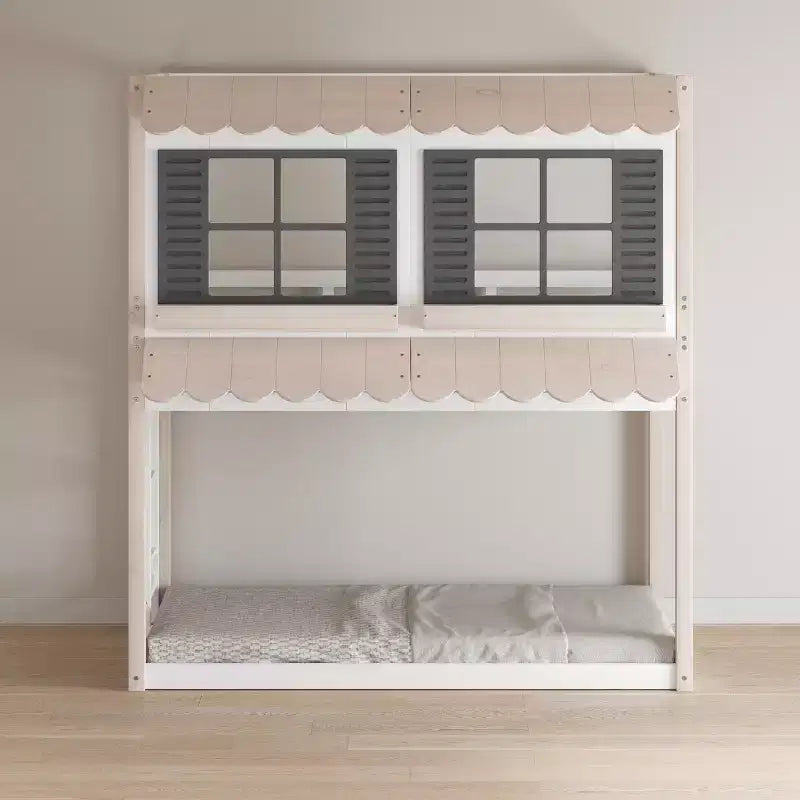 Lit superposé cabane jumeau sur jumeau pour enfants, lit superposé Montessori bas en bois, échelle facile d'accès à la couchette supérieure