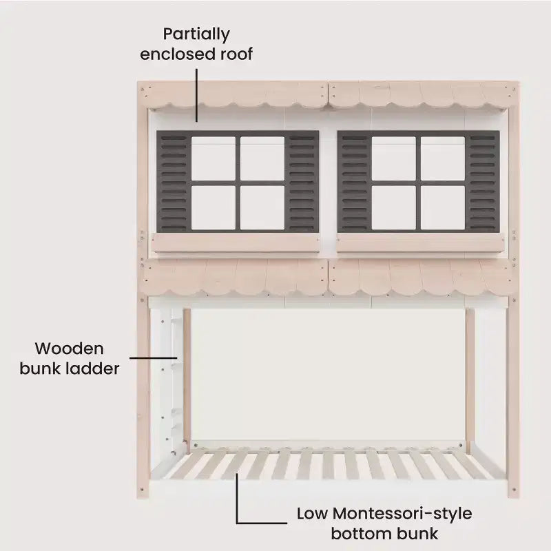 Lit superposé cabane jumeau sur jumeau pour enfants, lit superposé Montessori bas en bois, échelle facile d'accès à la couchette supérieure