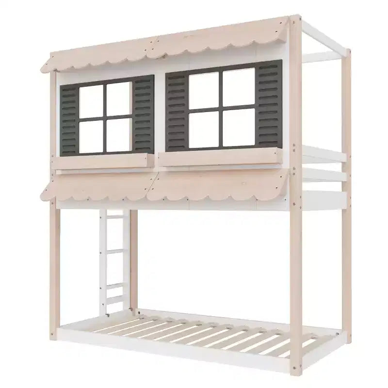 Lit superposé cabane jumeau sur jumeau pour enfants, lit superposé Montessori bas en bois, échelle facile d'accès à la couchette supérieure