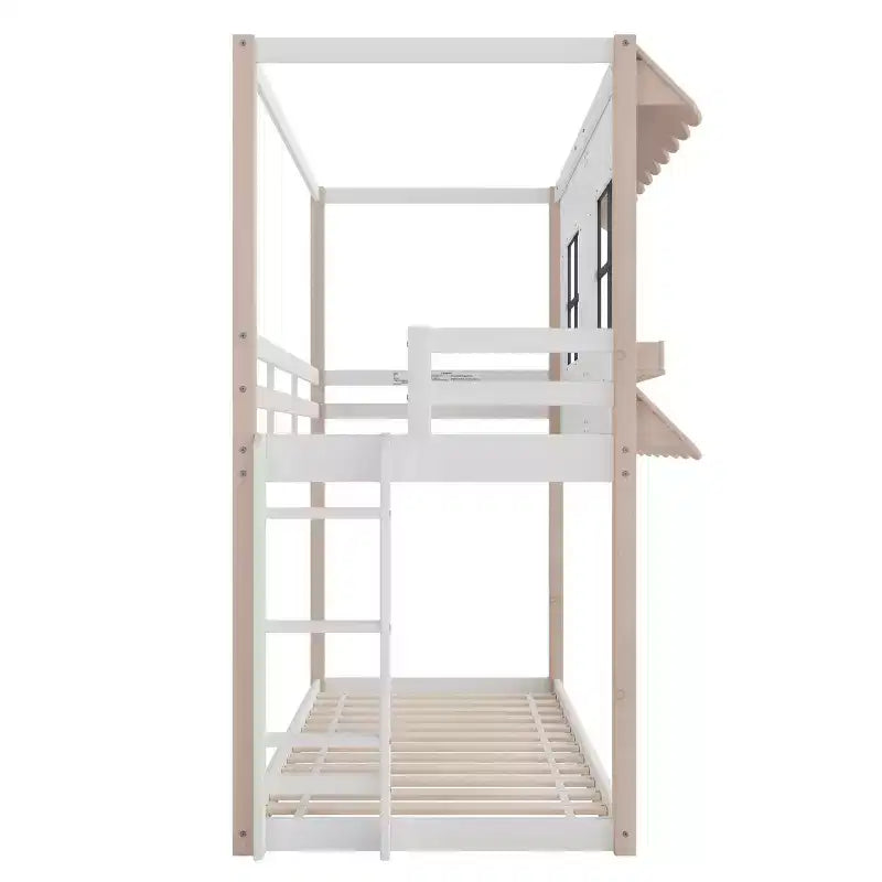 Lit superposé cabane jumeau sur jumeau pour enfants, lit superposé Montessori bas en bois, échelle facile d'accès à la couchette supérieure