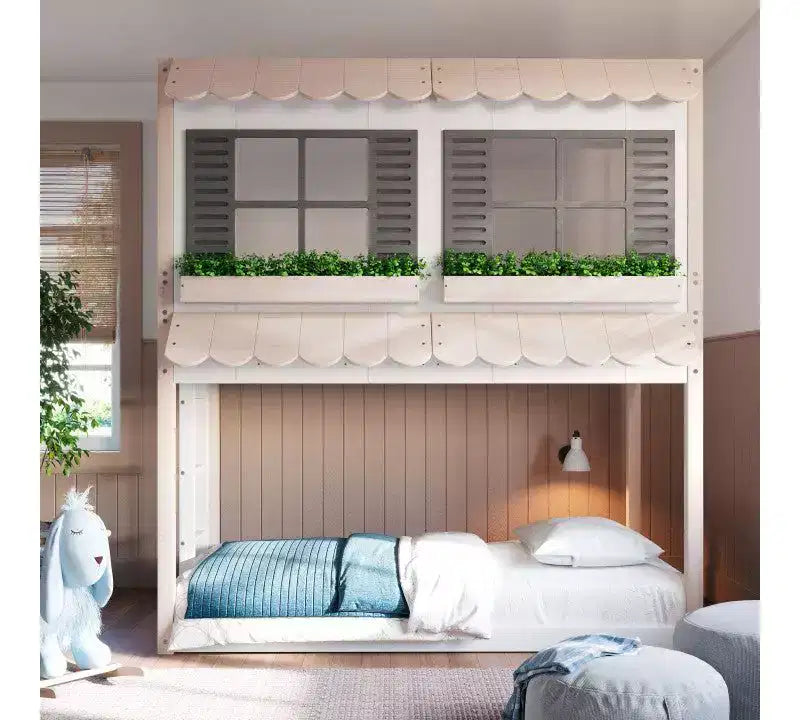 Lit superposé cabane jumeau sur jumeau pour enfants, lit superposé Montessori bas en bois, échelle facile d'accès à la couchette supérieure