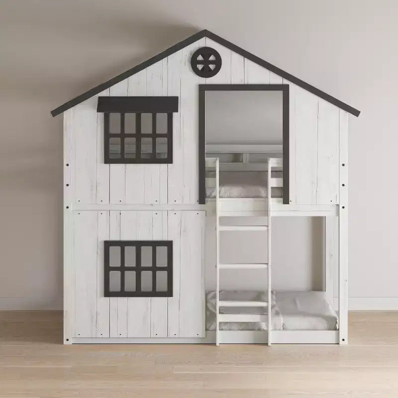 Child Craft Twin Over Twin House Bunk Bed for Kids, Low Wooden Montessori Bunk Bed, Easy Access Ladder to Top Bunk