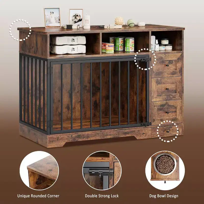 48Farmhouse Meuble Caisse pour Chien avec Gamelle Rétractable et Tiroirs de Rangement, Meuble Niche Robuste pour Chiens de Petite et Moyenne Taille, Utilisation Intérieure