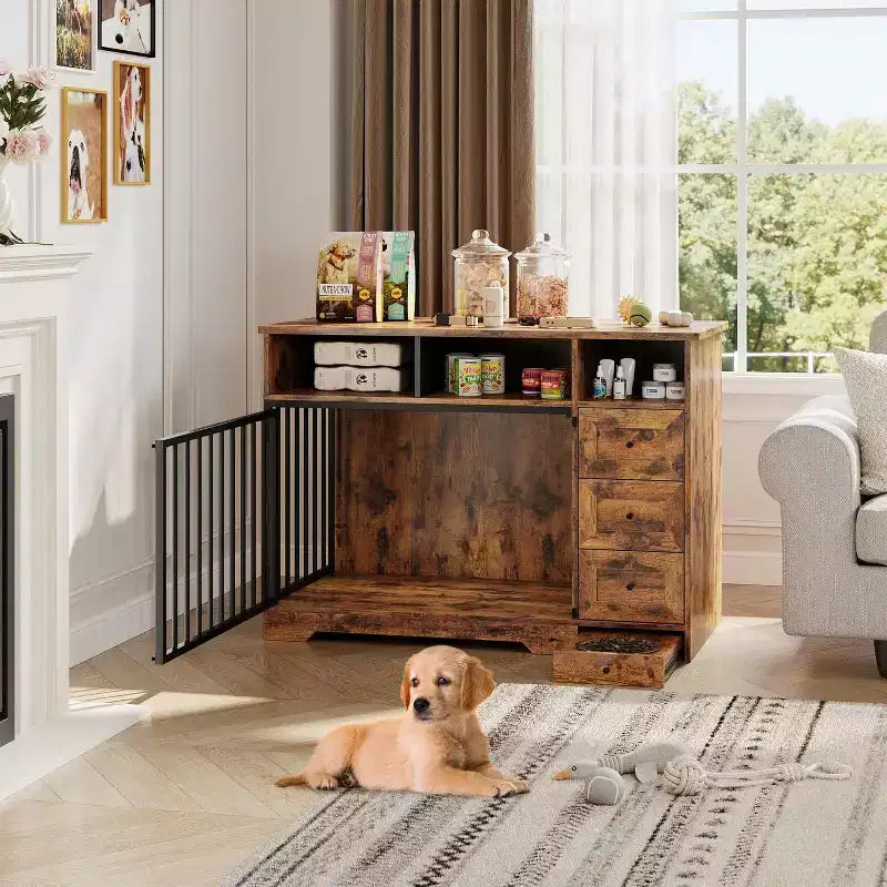 48Farmhouse Meuble Caisse pour Chien avec Gamelle Rétractable et Tiroirs de Rangement, Meuble Niche Robuste pour Chiens de Petite et Moyenne Taille, Utilisation Intérieure