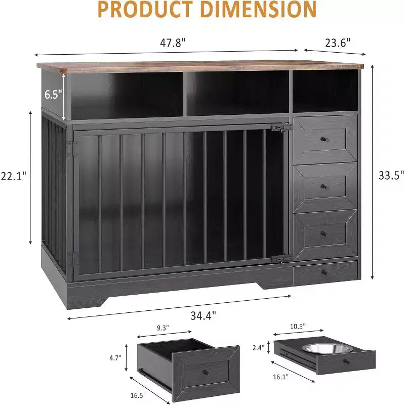 48Farmhouse Meuble Caisse pour Chien avec Gamelle Rétractable et Tiroirs de Rangement, Meuble Niche Robuste pour Chiens de Petite et Moyenne Taille, Utilisation Intérieure
