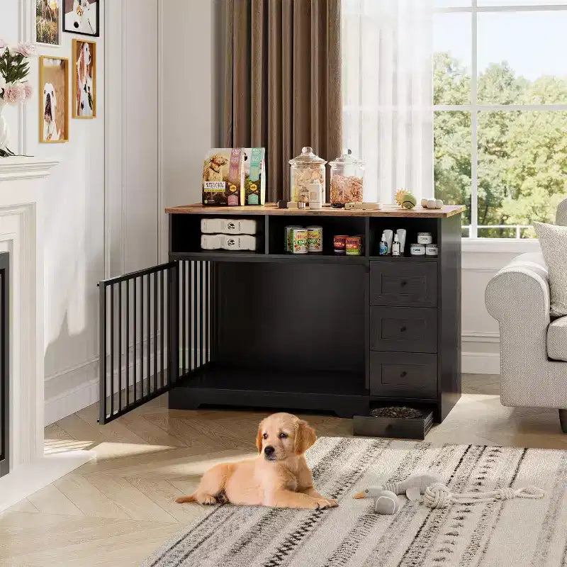 48Farmhouse Meuble Caisse pour Chien avec Gamelle Rétractable et Tiroirs de Rangement, Meuble Niche Robuste pour Chiens de Petite et Moyenne Taille, Utilisation Intérieure