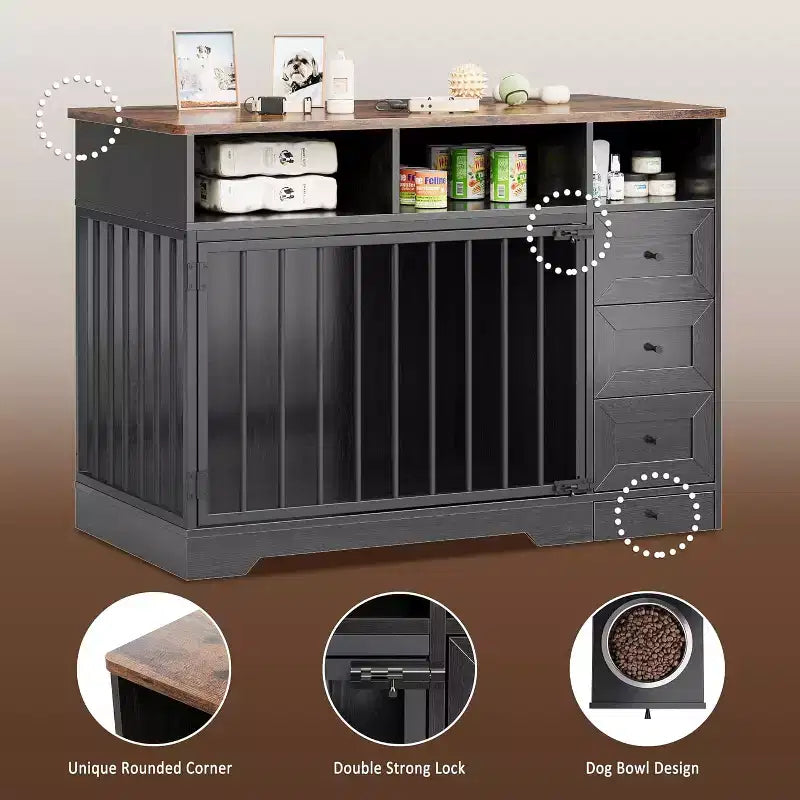 48Farmhouse Meuble Caisse pour Chien avec Gamelle Rétractable et Tiroirs de Rangement, Meuble Niche Robuste pour Chiens de Petite et Moyenne Taille, Utilisation Intérieure