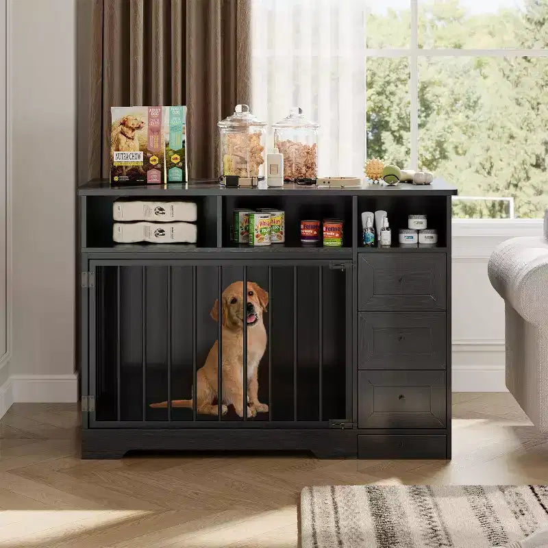 48Farmhouse Meuble Caisse pour Chien avec Gamelle Rétractable et Tiroirs de Rangement, Meuble Niche Robuste pour Chiens de Petite et Moyenne Taille, Utilisation Intérieure