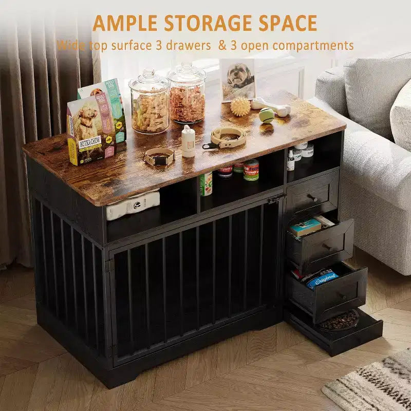 48Farmhouse Meuble Caisse pour Chien avec Gamelle Rétractable et Tiroirs de Rangement, Meuble Niche Robuste pour Chiens de Petite et Moyenne Taille, Utilisation Intérieure