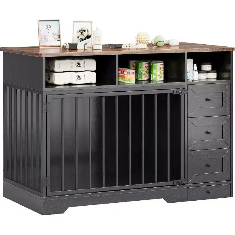 48Farmhouse Meuble Caisse pour Chien avec Gamelle Rétractable et Tiroirs de Rangement, Meuble Niche Robuste pour Chiens de Petite et Moyenne Taille, Utilisation Intérieure