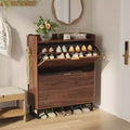 Garvee Shoe Storage Cabinet with 2 Flip Drawers, Narrow Wood Hidden Fluted Shoe Rack Organizer Cabinet for Entryway, Walnut