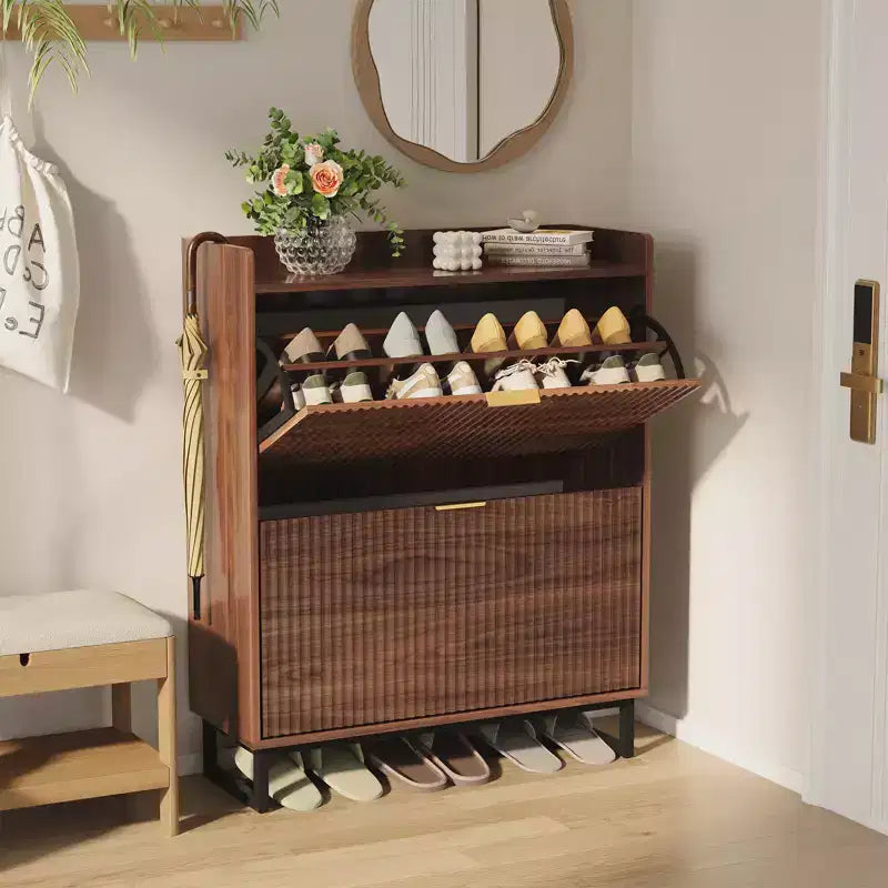 Garvee Shoe Storage Cabinet with 2 Flip Drawers, Narrow Wood Hidden Fluted Shoe Rack Organizer Cabinet for Entryway, Walnut