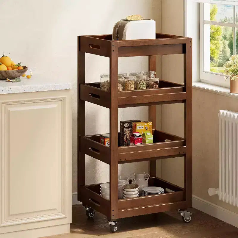 Chariot de rangement en bois massif, desserte roulante mince à 4 niveaux avec roues pour petits espaces, salon, salle à manger, buanderie, noyer