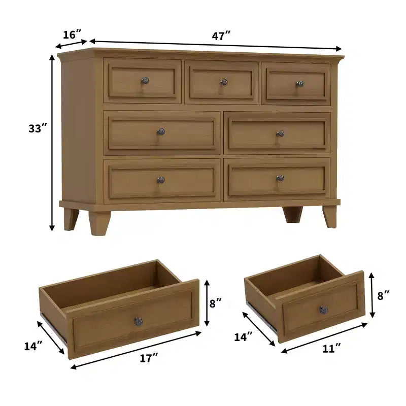 Commode 7 Tiroirs, Grande Commode en Bois avec Poignées Métalliques, Meuble de Rangement/Meuble TV pour Chambre, Salon, Entrée