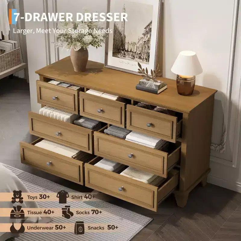 Commode 7 Tiroirs, Grande Commode en Bois avec Poignées Métalliques, Meuble de Rangement/Meuble TV pour Chambre, Salon, Entrée