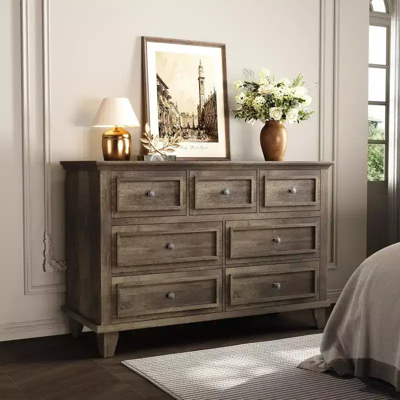 Commode 7 Tiroirs, Grande Commode en Bois avec Poignées Métalliques, Meuble de Rangement/Meuble TV pour Chambre, Salon, Entrée