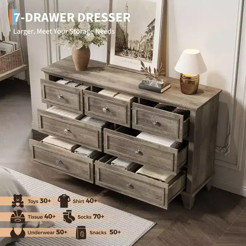 Commode 7 Tiroirs, Grande Commode en Bois avec Poignées Métalliques, Meuble de Rangement/Meuble TV pour Chambre, Salon, Entrée