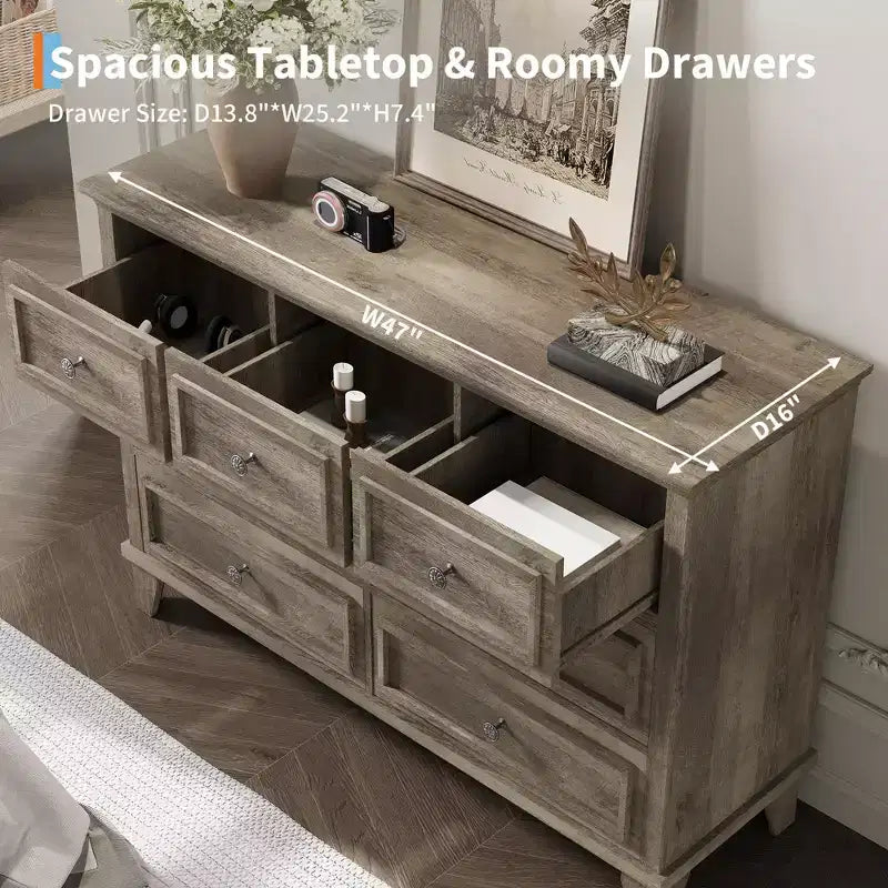 Commode 7 Tiroirs, Grande Commode en Bois avec Poignées Métalliques, Meuble de Rangement/Meuble TV pour Chambre, Salon, Entrée