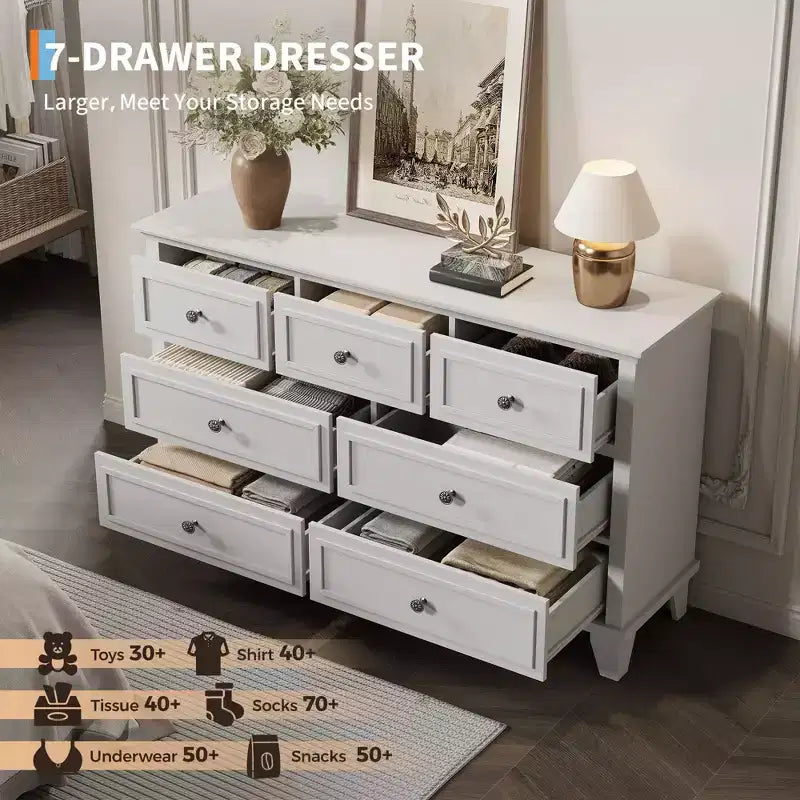 Commode 7 Tiroirs, Grande Commode en Bois avec Poignées Métalliques, Meuble de Rangement/Meuble TV pour Chambre, Salon, Entrée