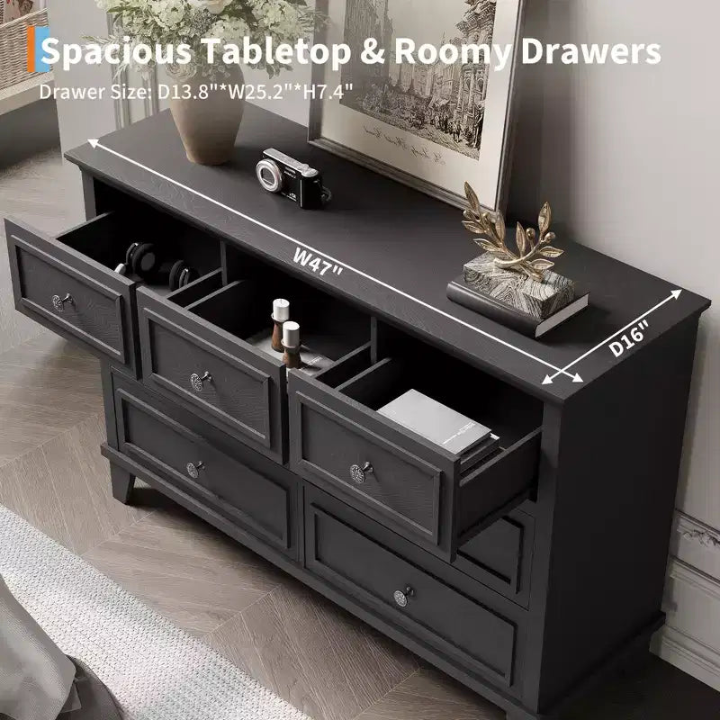 Commode 7 Tiroirs, Grande Commode en Bois avec Poignées Métalliques, Meuble de Rangement/Meuble TV pour Chambre, Salon, Entrée