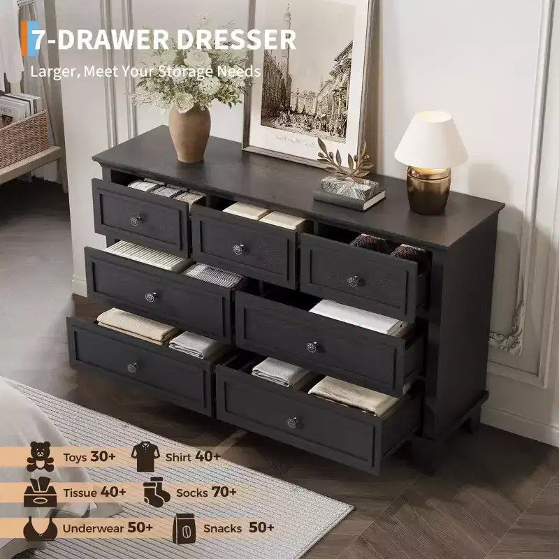 Commode 7 Tiroirs, Grande Commode en Bois avec Poignées Métalliques, Meuble de Rangement/Meuble TV pour Chambre, Salon, Entrée