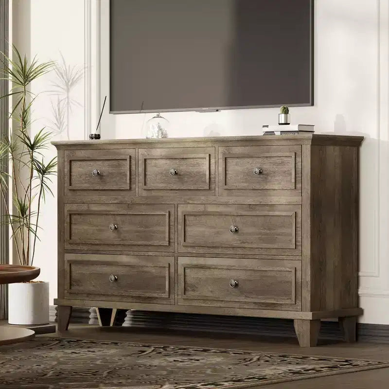 Commode 7 Tiroirs, Grande Commode en Bois avec Poignées Métalliques, Meuble de Rangement/Meuble TV pour Chambre, Salon, Entrée