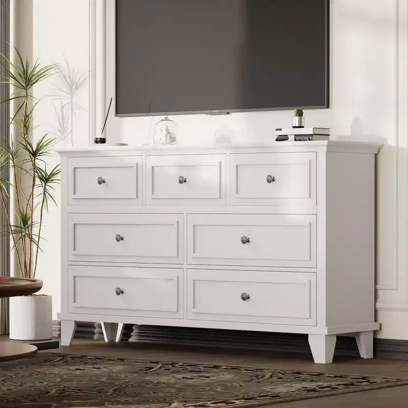 Commode 7 Tiroirs, Grande Commode en Bois avec Poignées Métalliques, Meuble de Rangement/Meuble TV pour Chambre, Salon, Entrée