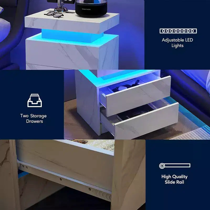 Table de chevet moderne avec 2 tiroirs et lumière LED, table d'appoint de chambre à coucher et de salon