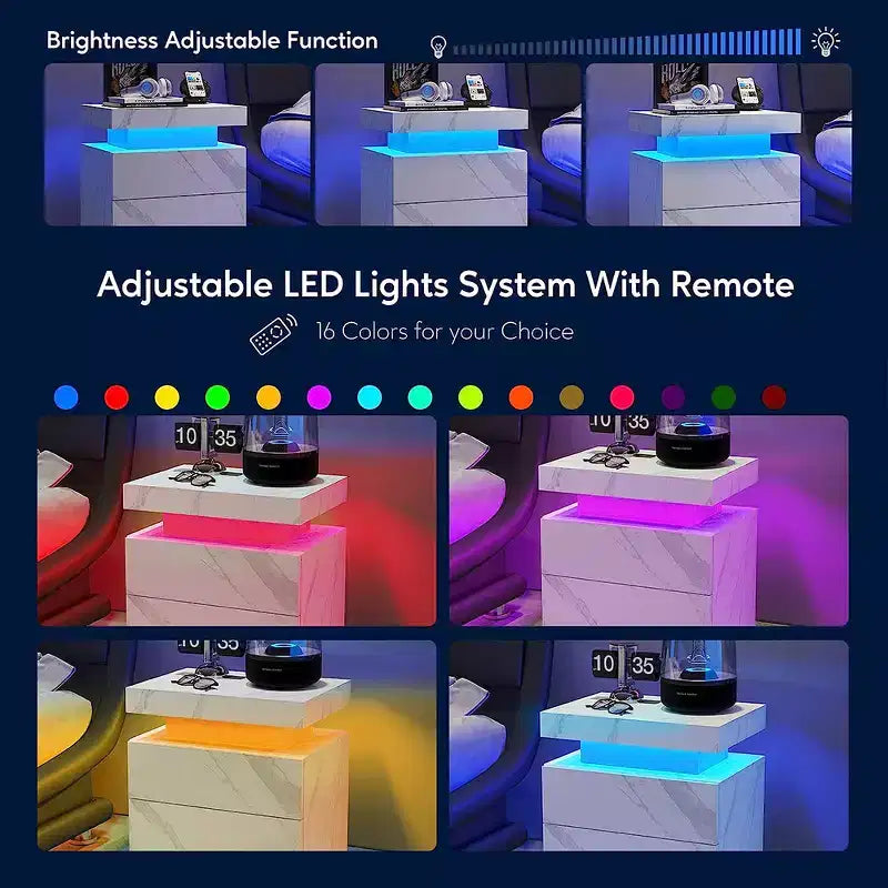 Table de chevet moderne avec 2 tiroirs et lumière LED, table d'appoint de chambre à coucher et de salon