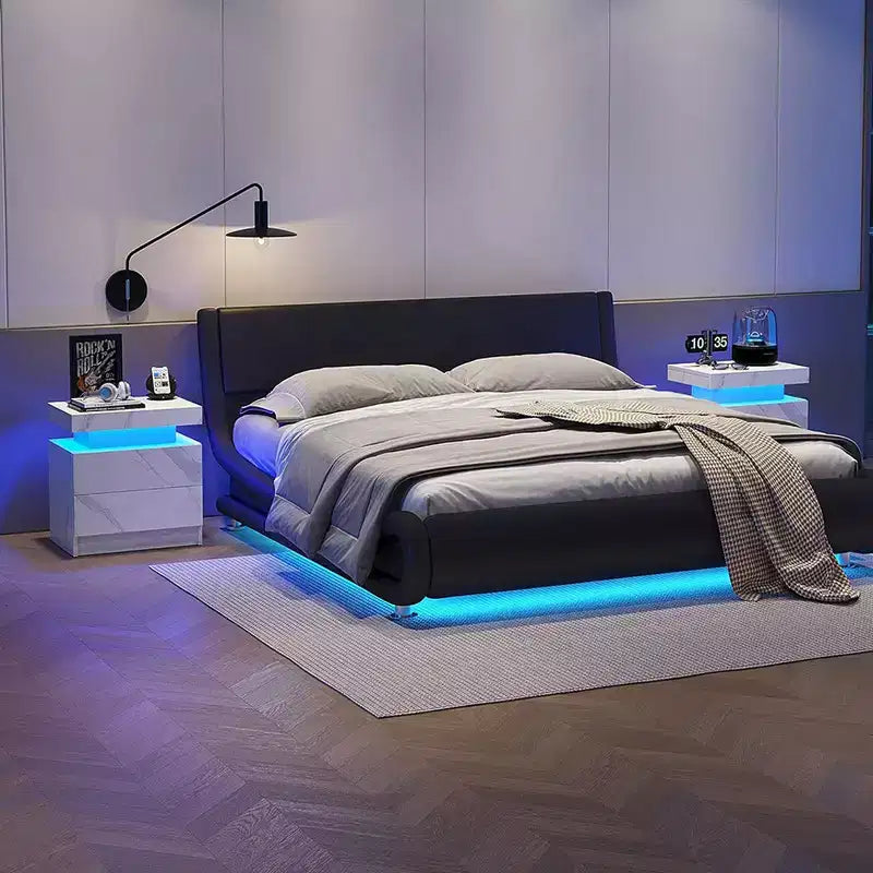 Table de chevet moderne avec 2 tiroirs et lumière LED, table d'appoint de chambre à coucher et de salon