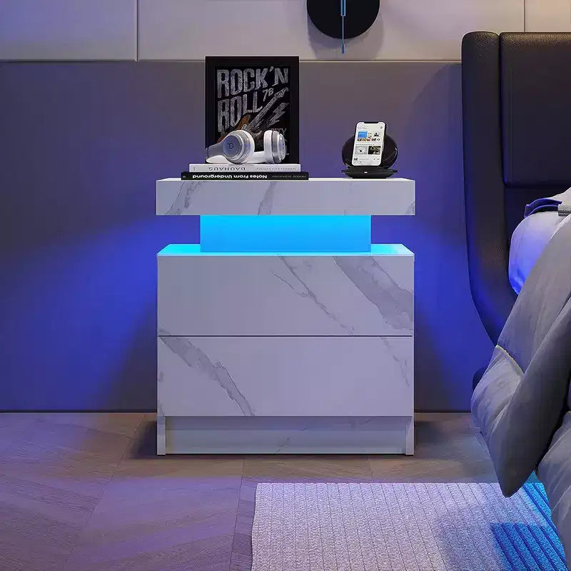 Table de chevet moderne avec 2 tiroirs et lumière LED, table d'appoint de chambre à coucher et de salon