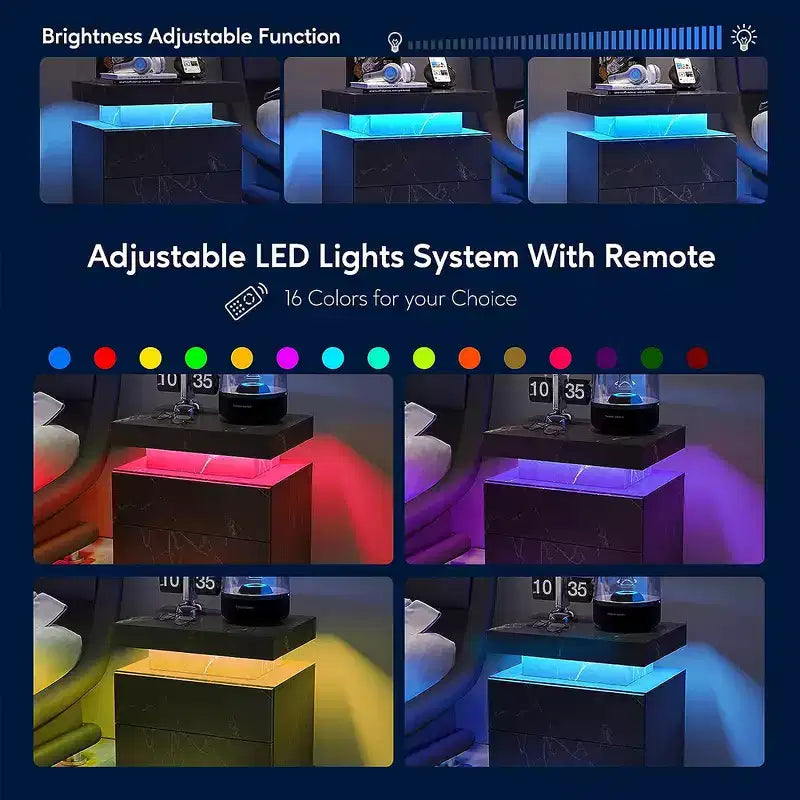 Table de chevet moderne avec 2 tiroirs et lumière LED, table d'appoint de chambre à coucher et de salon