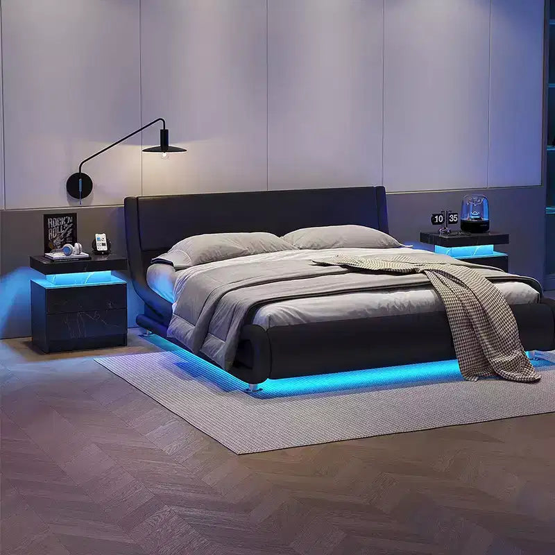 Table de chevet moderne avec 2 tiroirs et lumière LED, table d'appoint de chambre à coucher et de salon